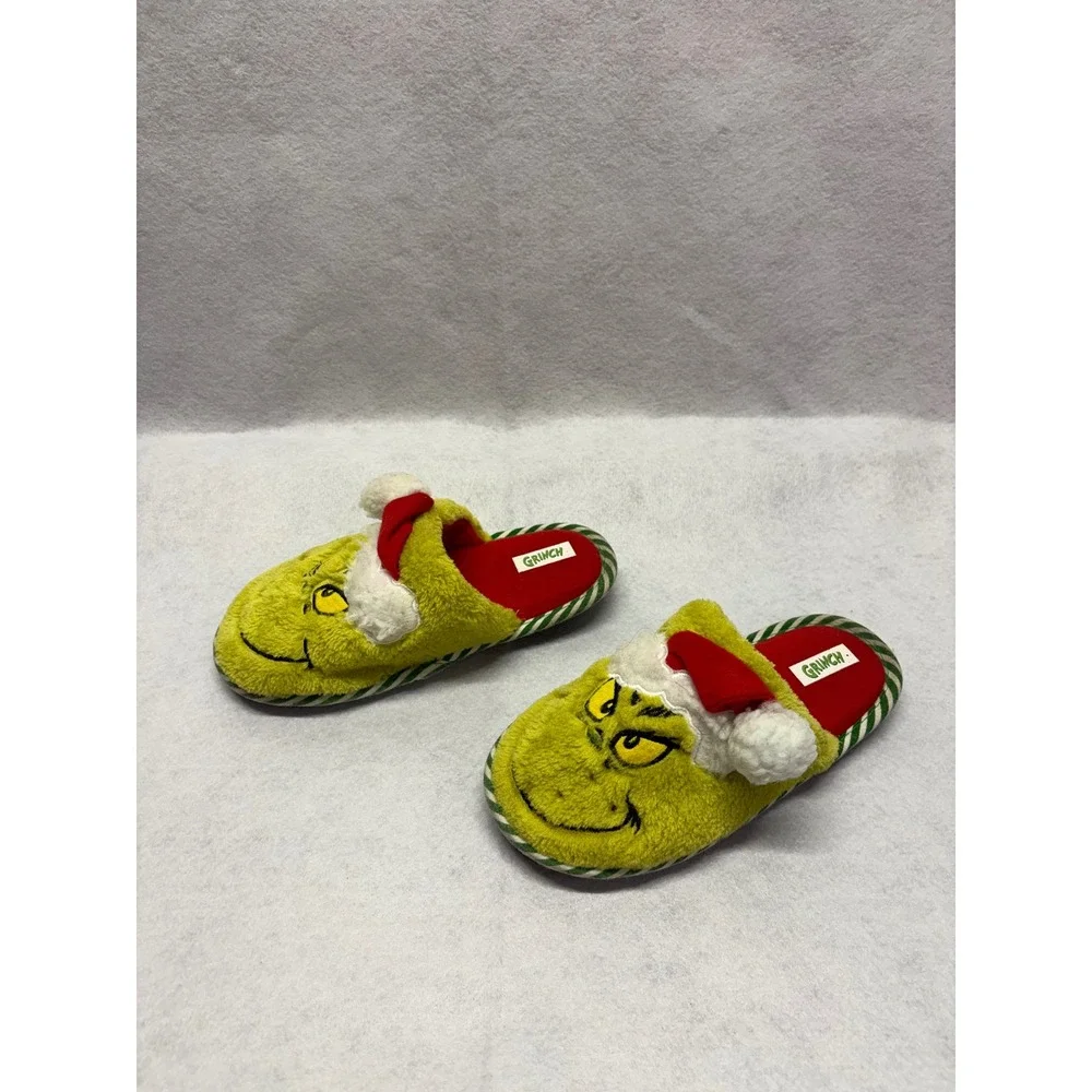 Dr Seuss The Grinch Christmas‎ Plush Slippers Green Red Santa Hat Kids Size 13-1